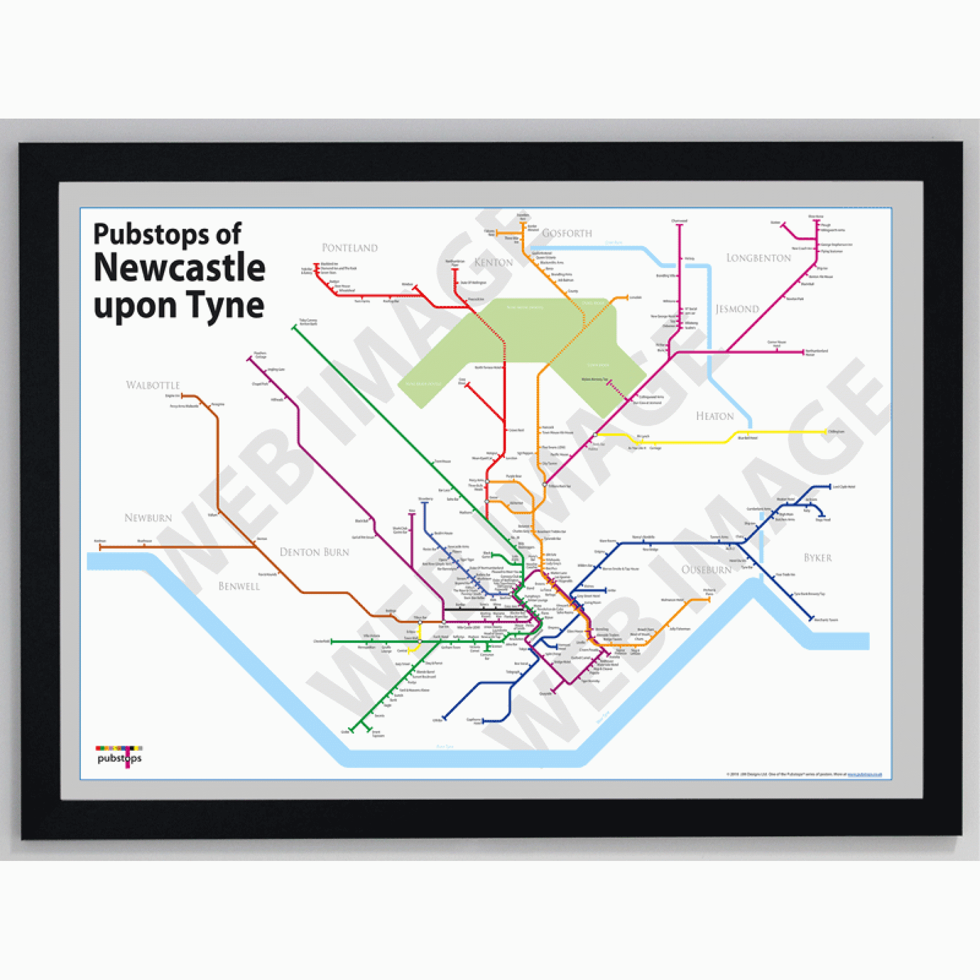 Pubstops of Newcastle upon Tyne Framed Poster The Original Pub Maps