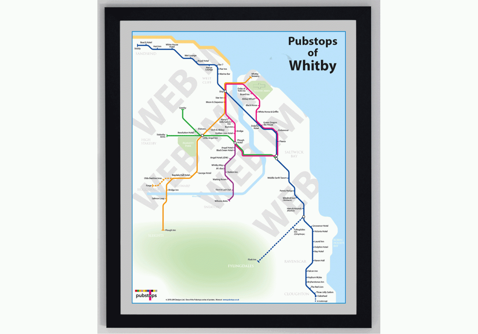 Pubstops of Whitby Framed Poster The Original Pub Maps Pubstops.co.uk